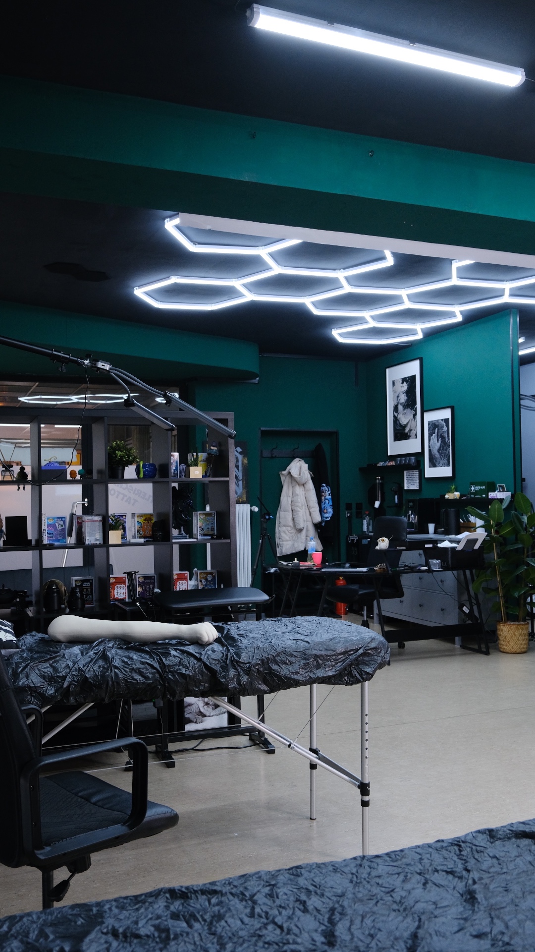 TENZU studio interior with hexagonal red LED lighting